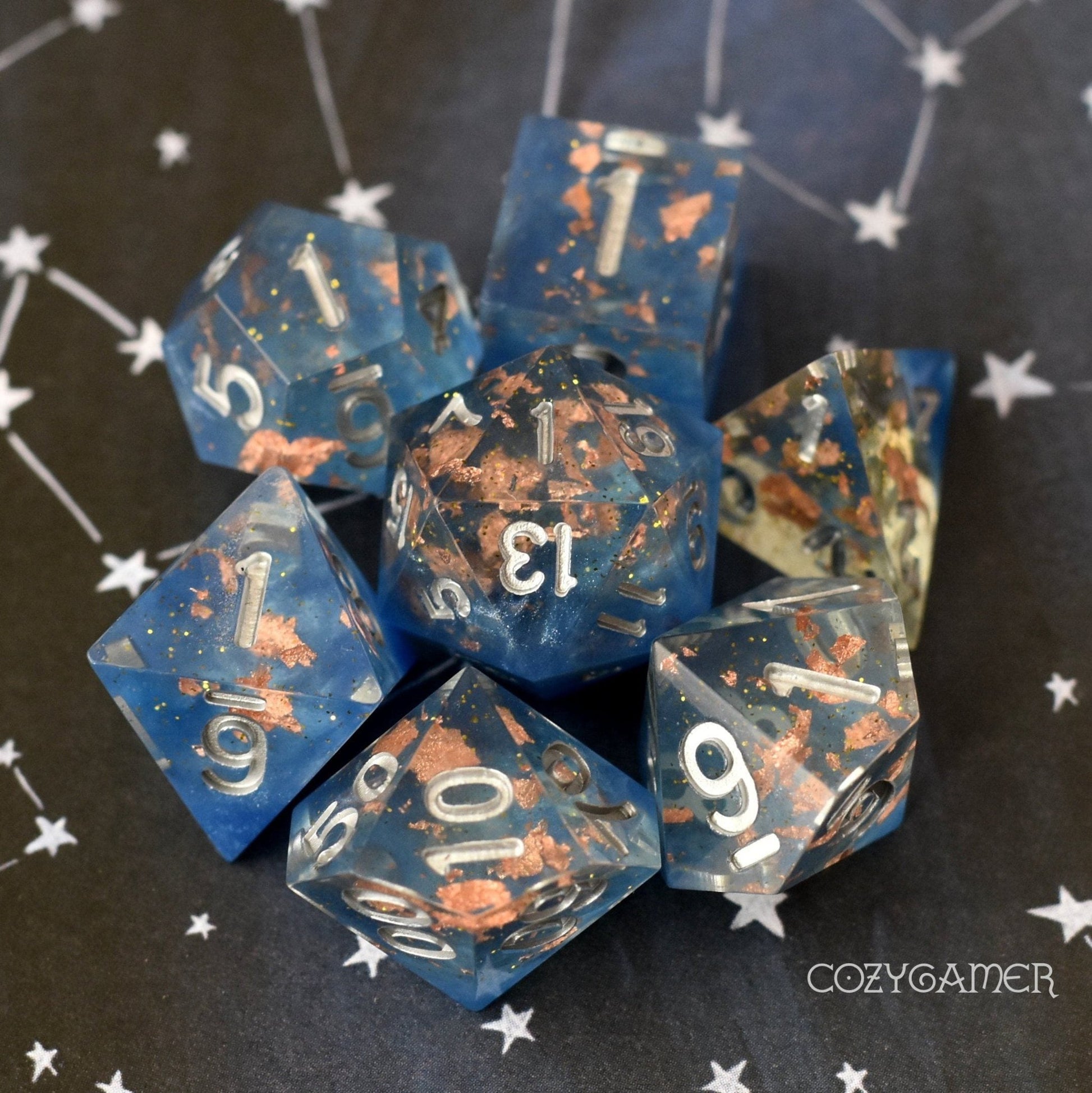 Cloud Palace Dice Set – Clear Sharp Edge with Blue Clouds, Copper Foil & Glitter Dice Sets & Games Fennek and Finch