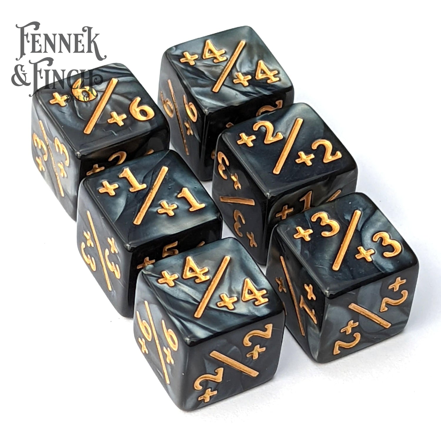 Set of 6 pearly black acrylic D6 positive counter dice, standard 16mm size, with copper-colored numbers.