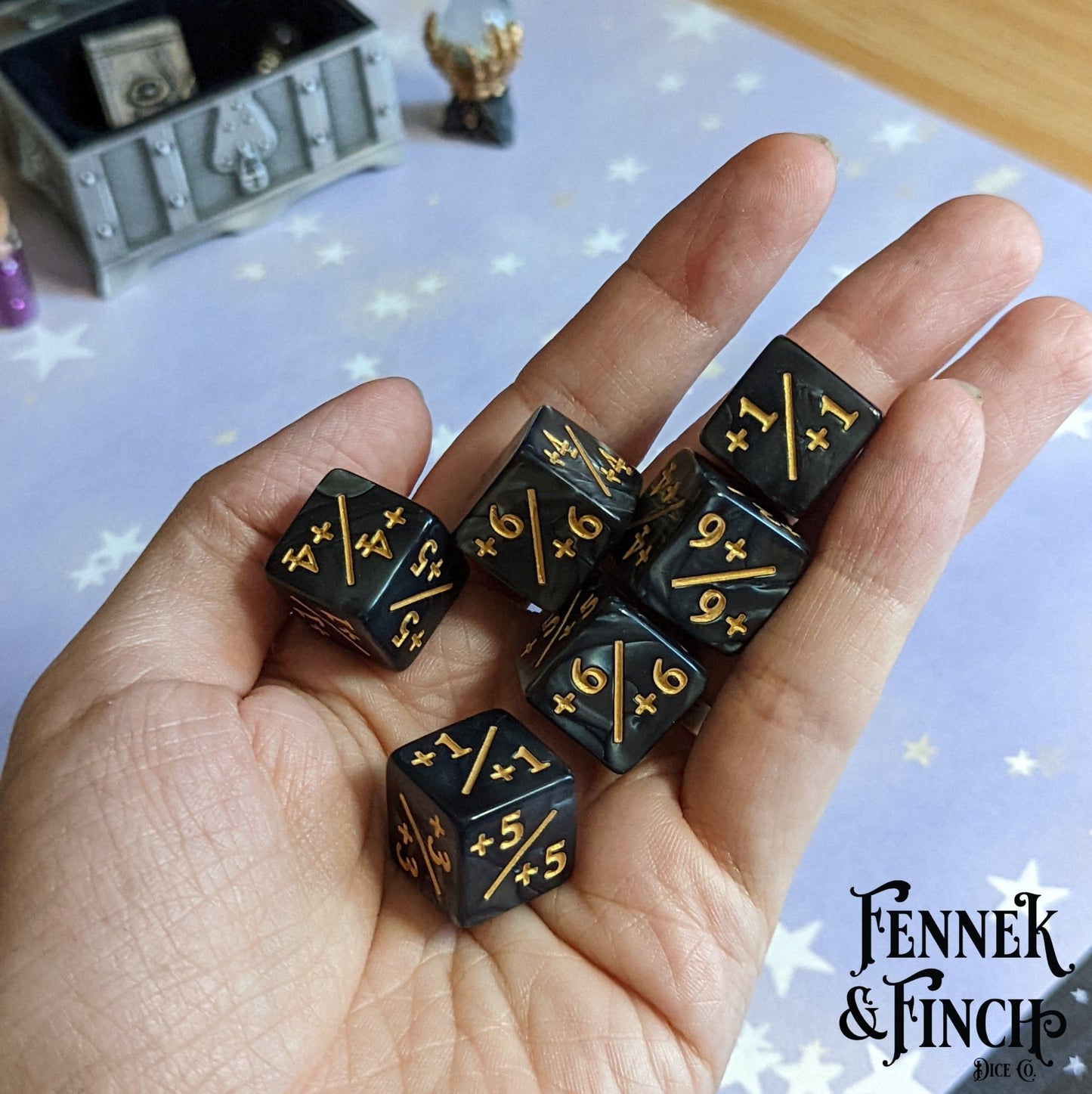 Coal D6 Positive Counter Dice Set – 6 - Piece Pearly Black Dice - Fennek and Finch