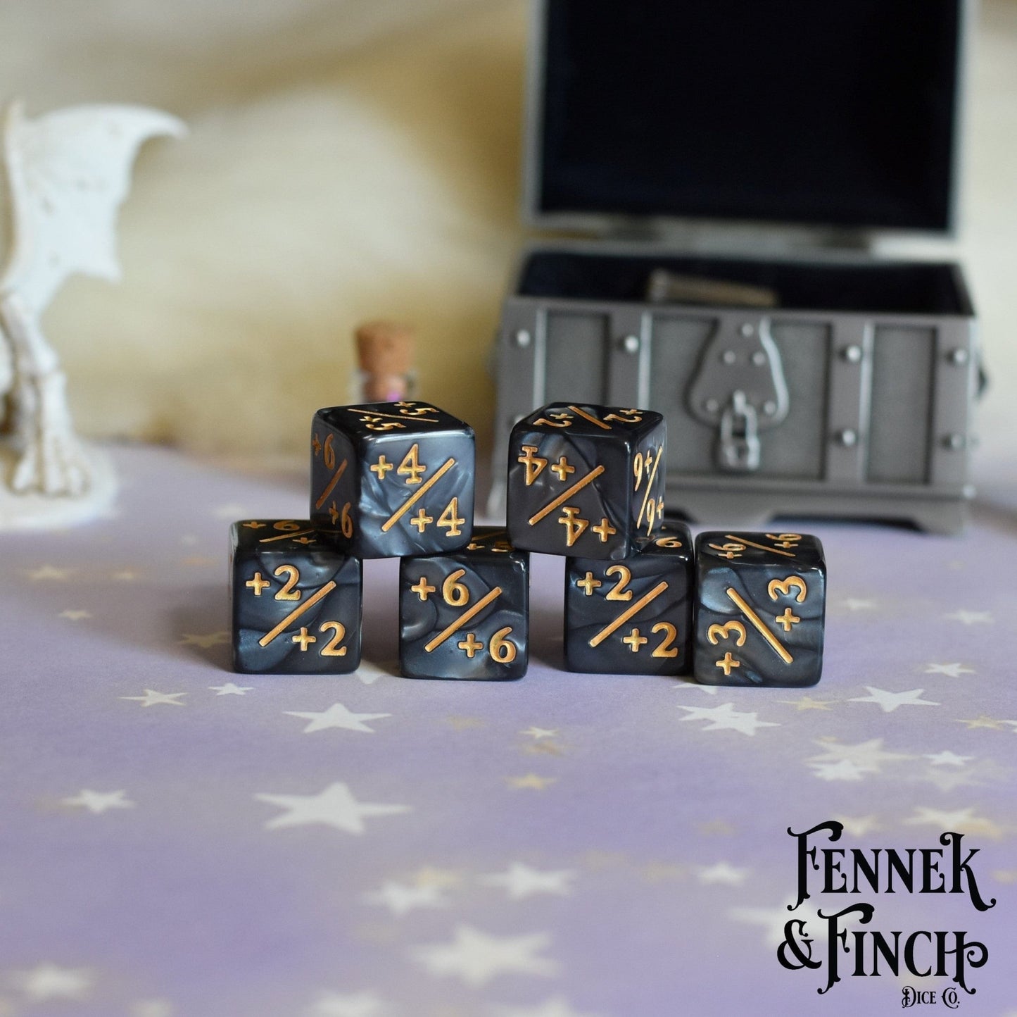 Coal D6 Positive Counter Dice Set – 6 - Piece Pearly Black Dice - Fennek and Finch
