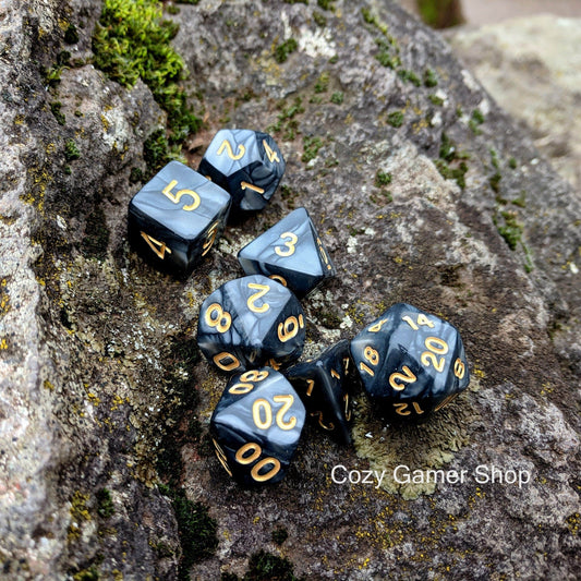 Coal Dice Set – Pearly Black & Silver Marble (7 - Piece) - Fennek and Finch