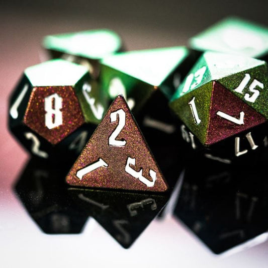 Color Shifting Glitter Dice Set. Multicolored shimmering dice sets with fantasy font Rose Green Gold