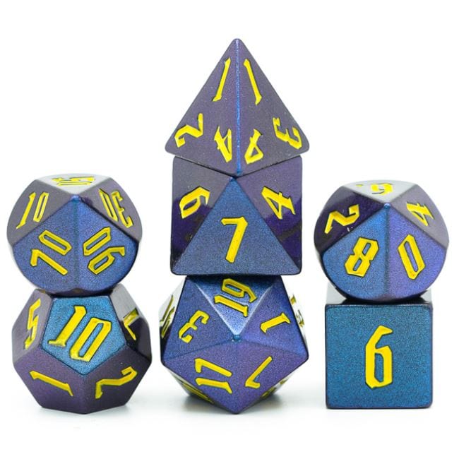 Color Shifting Glitter Dice Set. Multicolored shimmering dice sets with fantasy font