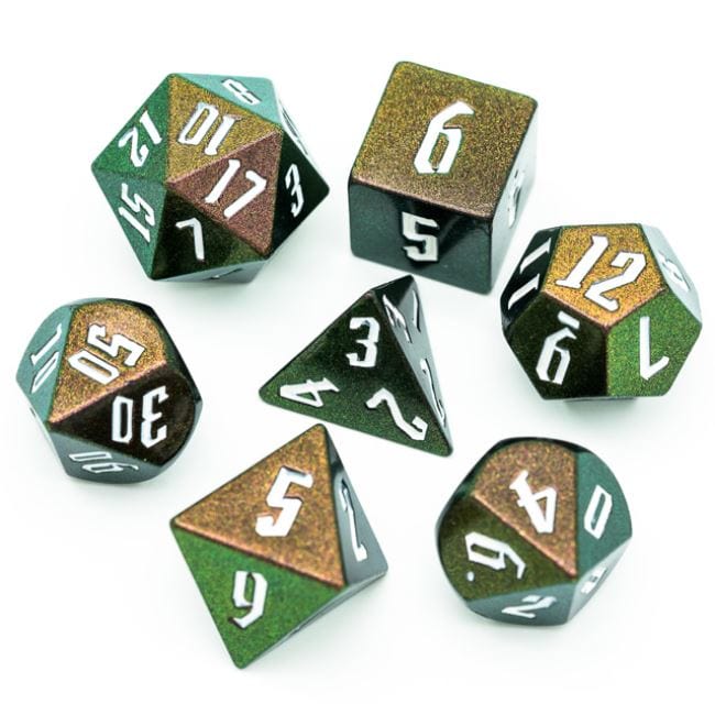 Color Shifting Glitter Dice Set. Multicolored shimmering dice sets with fantasy font