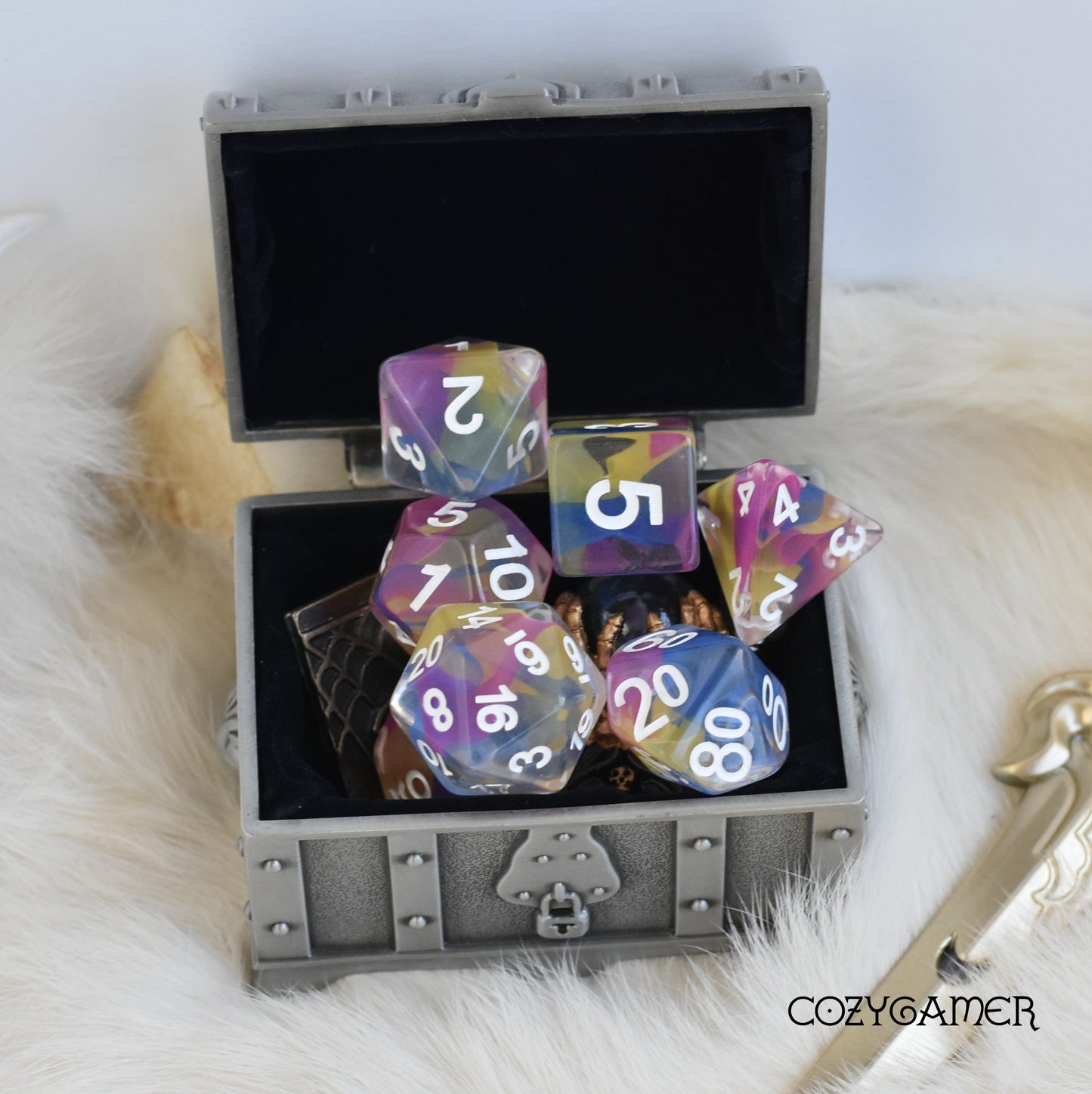 Color Spray Dice Set. Clear Resin with Colorful Shavings