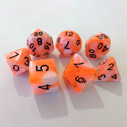 Conflagration Dice Set – Neon Orange & White Marble with Black Font Dice sets Fennek and Finch