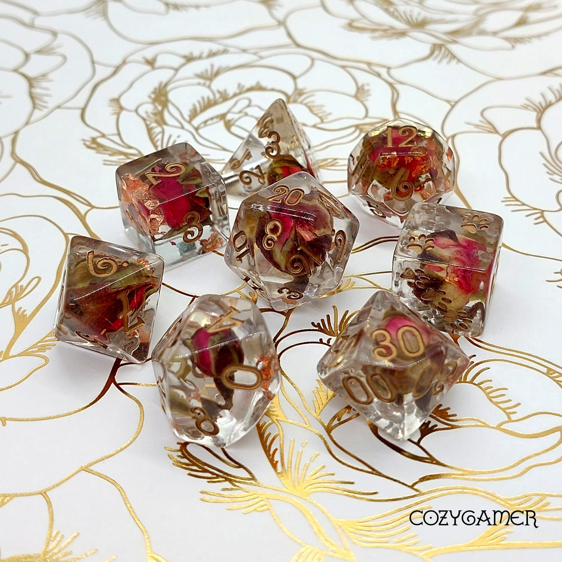 Copper and Rose Buds Dice Set – 8 - Piece & 12 - Piece with Real Roses | Fennek & Finch - Fennek and Finch