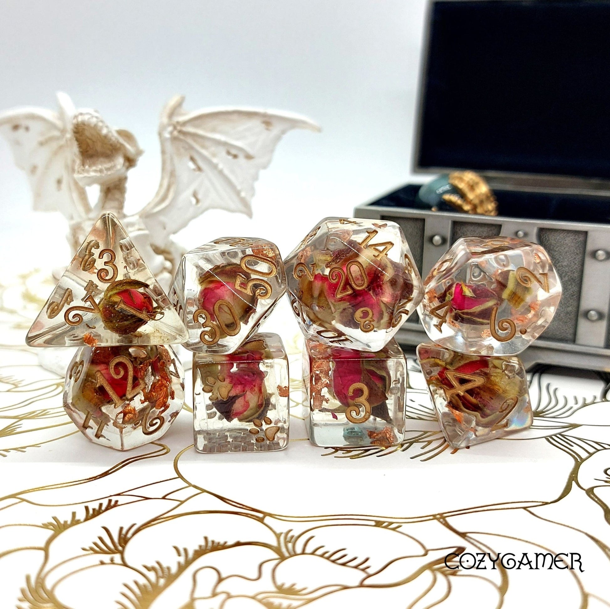 Copper and Rose Buds Dice Set – 8 - Piece & 12 - Piece with Real Roses | Fennek & Finch - Fennek and Finch