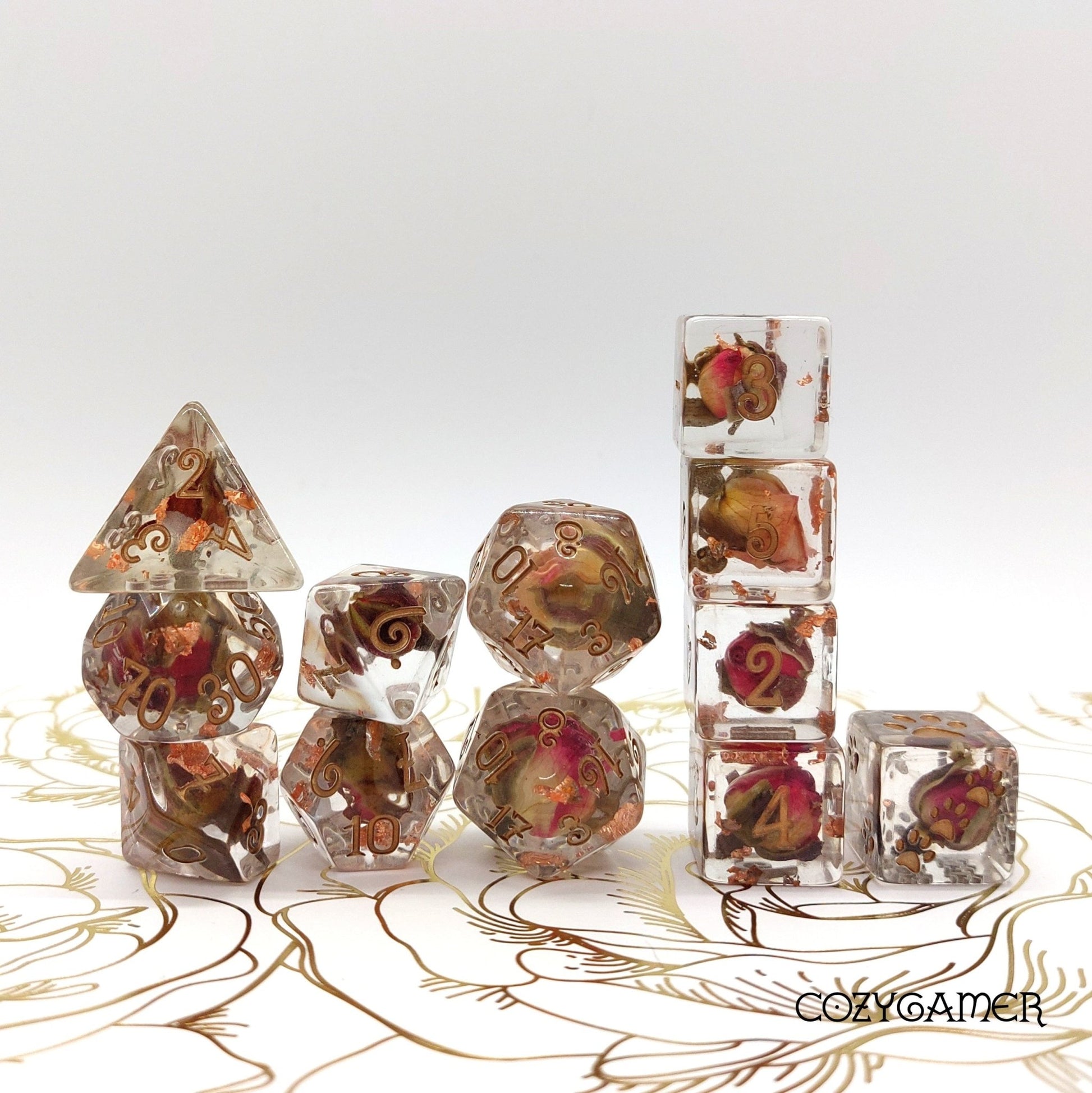 Copper and Rose Buds Dice Set – 8-Piece & 12-Piece with Real Roses | Fennek & Finch Dice sets Fennek and Finch 12 Piece Set