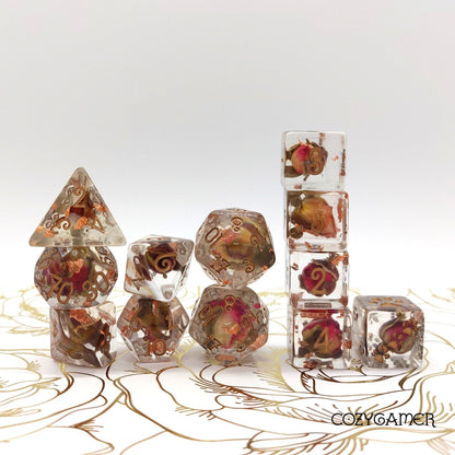 Copper and Rose Buds Dice Set – 8 - Piece & 12 - Piece with Real Roses | Fennek & Finch - Fennek and Finch