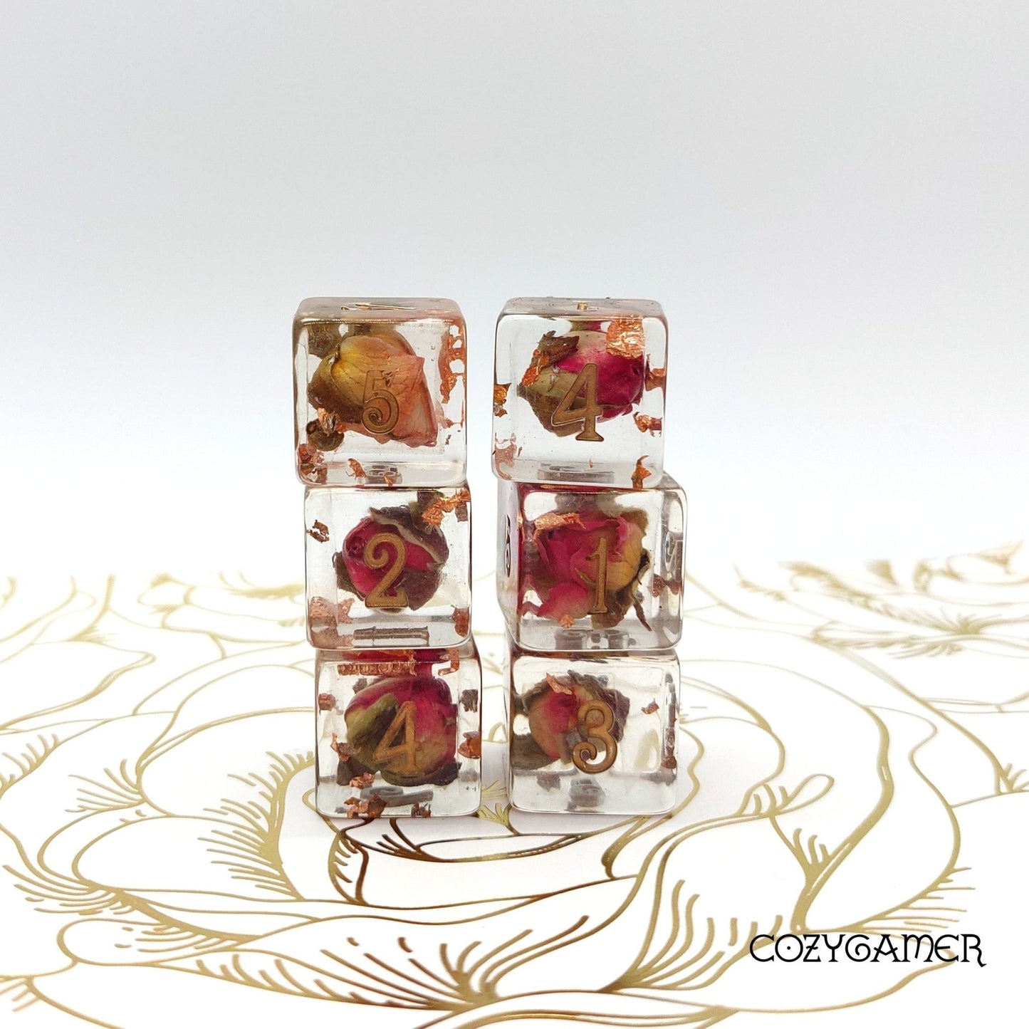 Copper and Rose Buds Dice Set – 8 - Piece & 12 - Piece with Real Roses | Fennek & Finch - Fennek and Finch