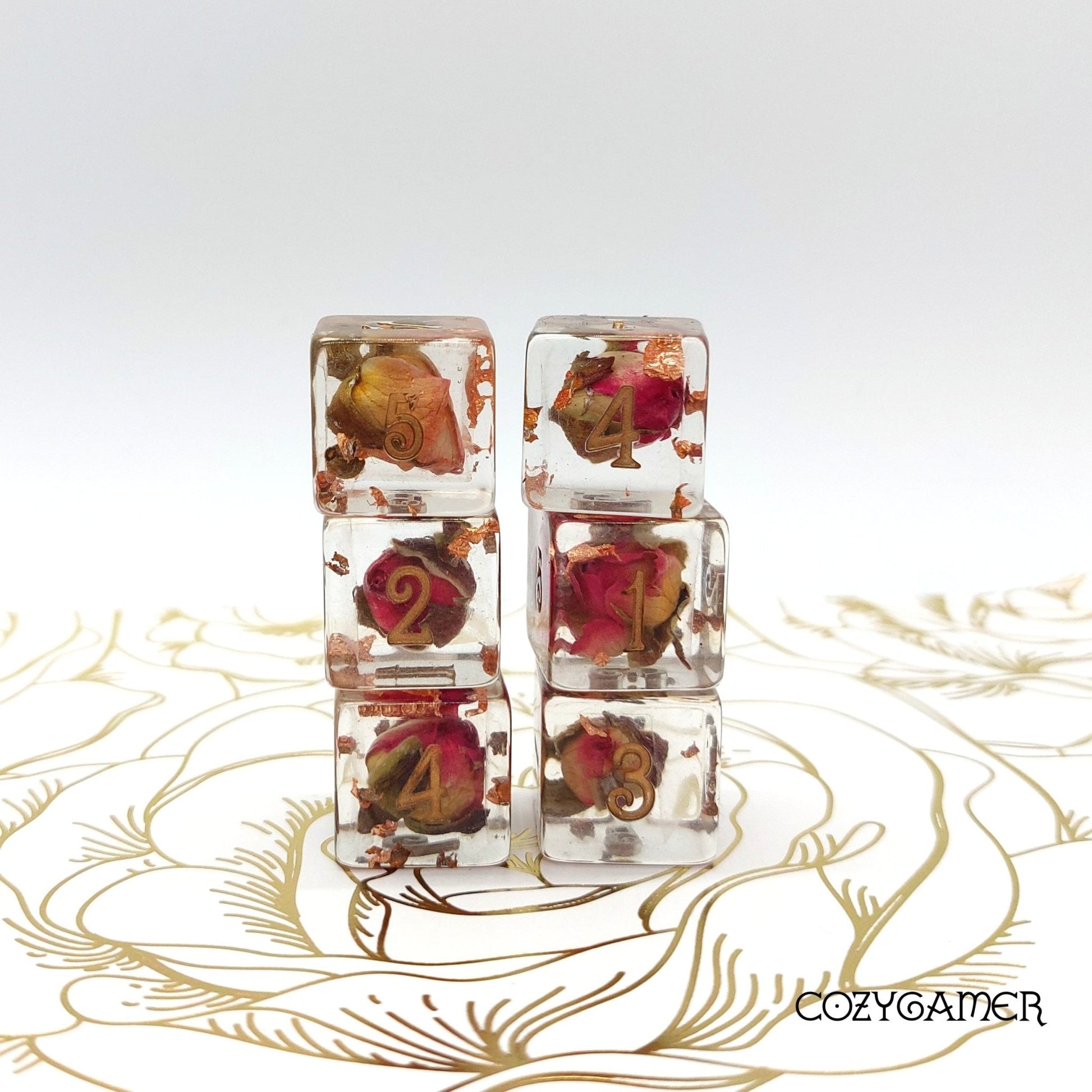 Copper and Rose Buds Dice Set – 8-Piece & 12-Piece with Real Roses | Fennek & Finch Dice sets Fennek and Finch D6 Set