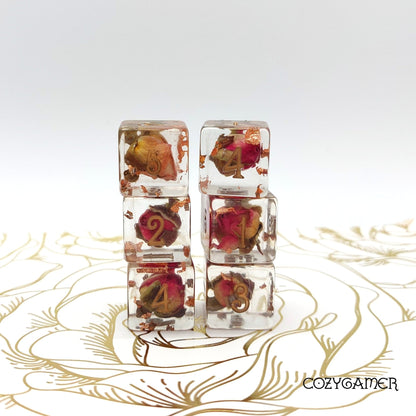 Copper and Rose Buds Dice Set – 8 - Piece & 12 - Piece with Real Roses | Fennek & Finch - Fennek and Finch