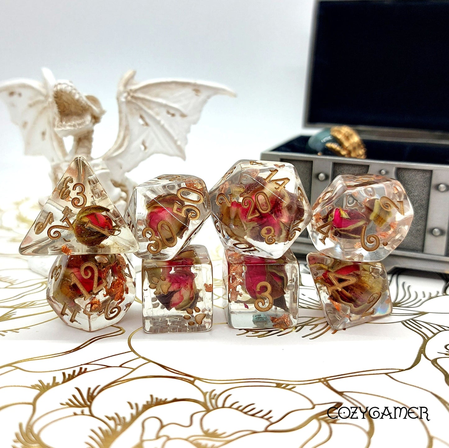Copper and Rose Buds Dice Set. 8 Piece real dried roses DND dice set 8 Piece Set