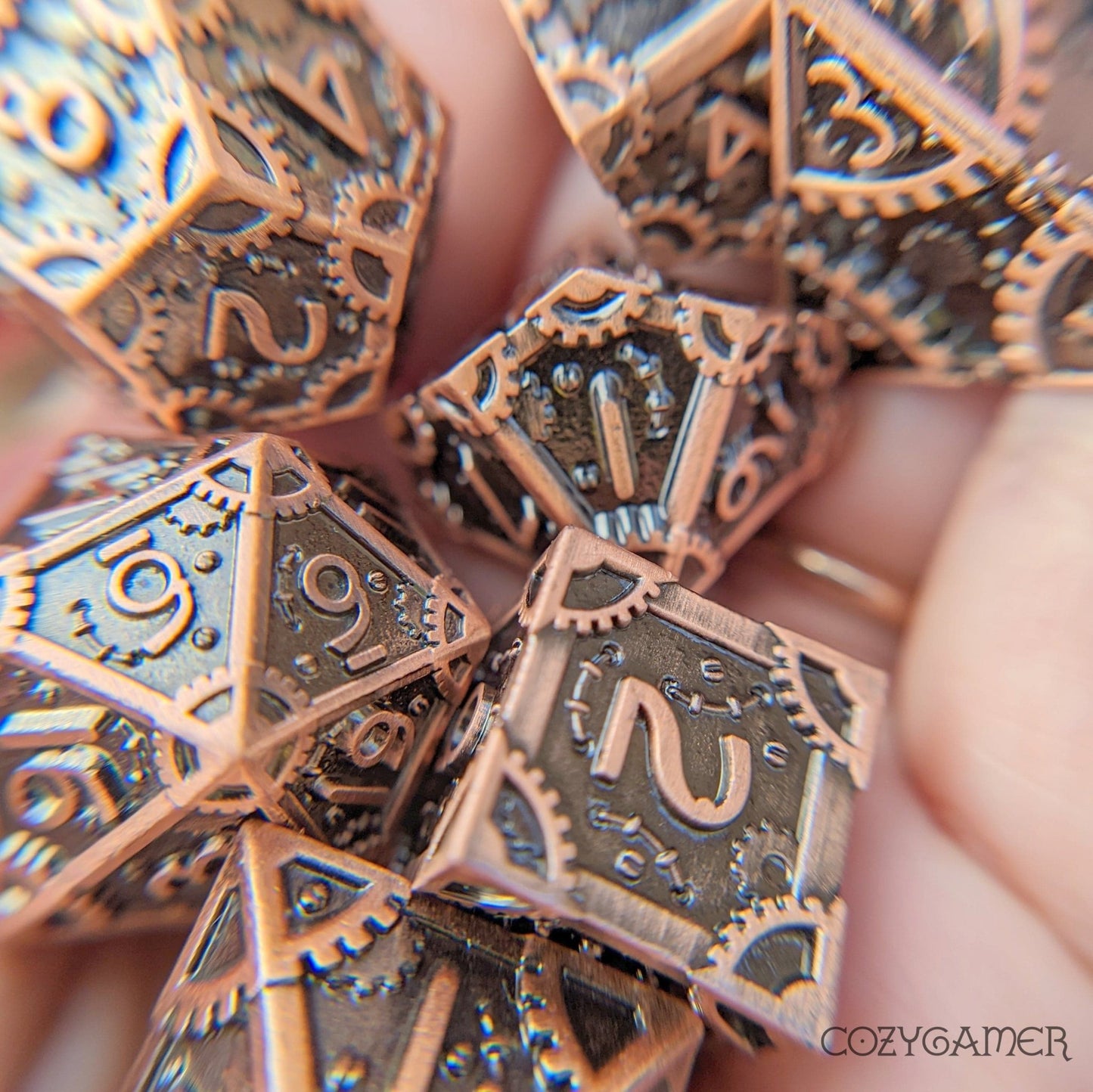 Copper Metal Gear Dice Set – 7-Piece Steampunk DnD Dice Dice sets Fennek and Finch
