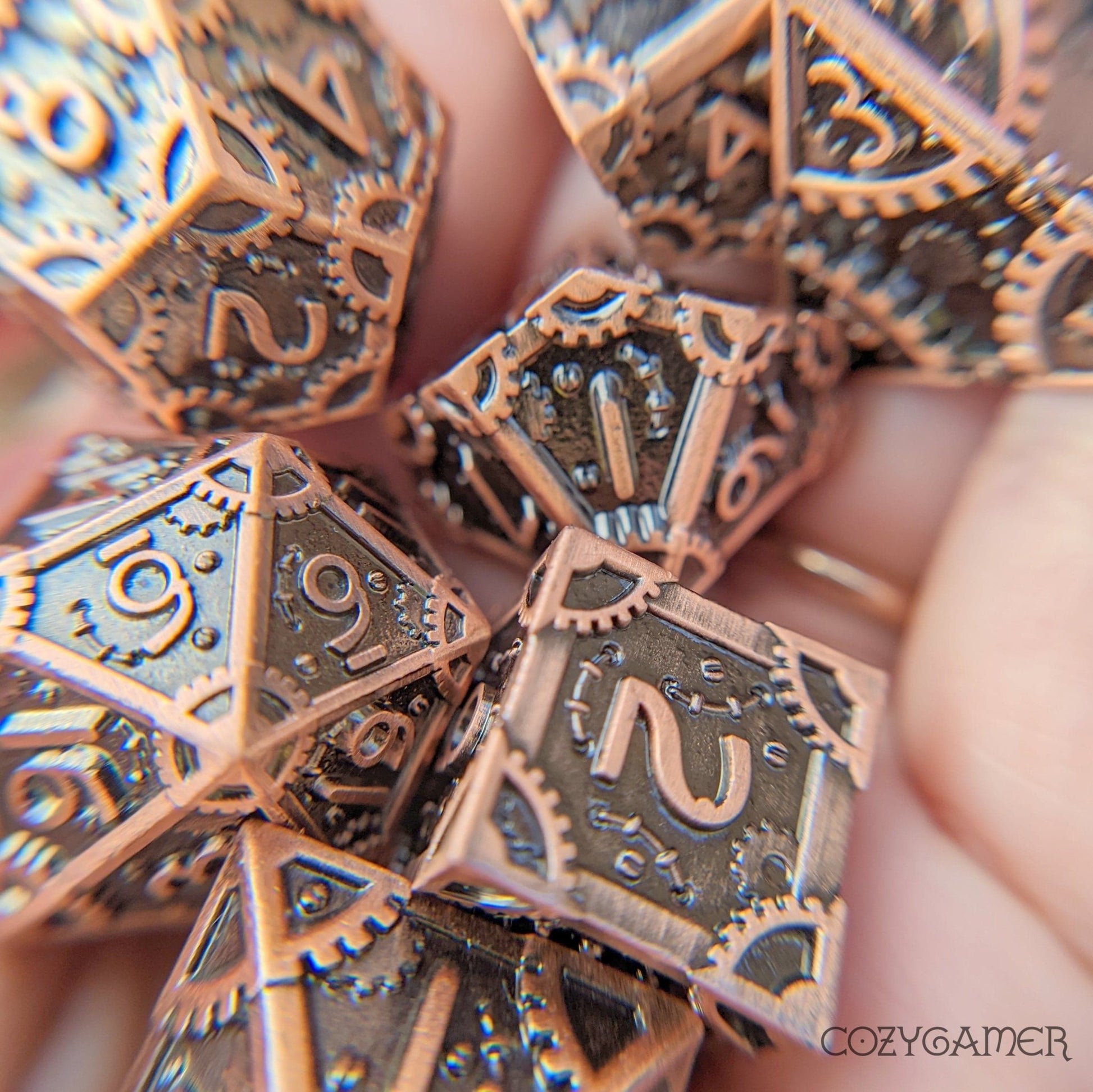 Copper Metal Gear Dice Set – 7-Piece Steampunk DnD Dice Dice sets Fennek and Finch