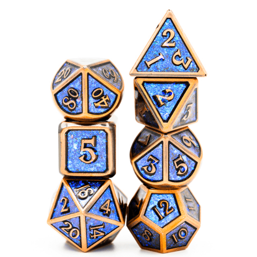 Copper Plated Metal Dice Set – Shifting Blue Glitter with Warm Copper Finish - Fennek and Finch
