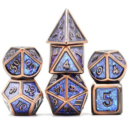 Copper Plated Metal Dice Set – Shifting Blue Glitter with Warm Copper Finish - Fennek and Finch