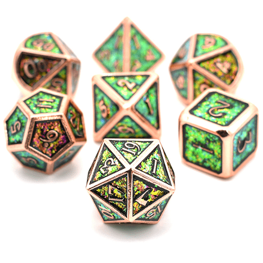 Copper Plated Shifting Green Pink and Gold Glitter Metal Dice Set
