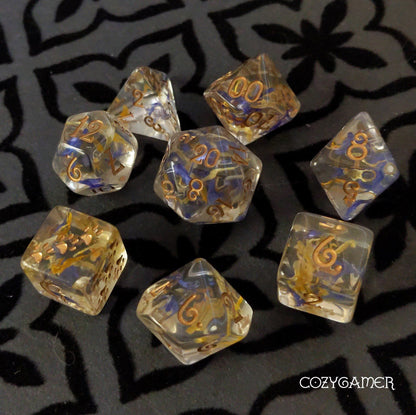 Cornflower and Calendula Dice Set – 8-Piece with Real Flower Petals | Fennek & Finch Dice sets Fennek and Finch