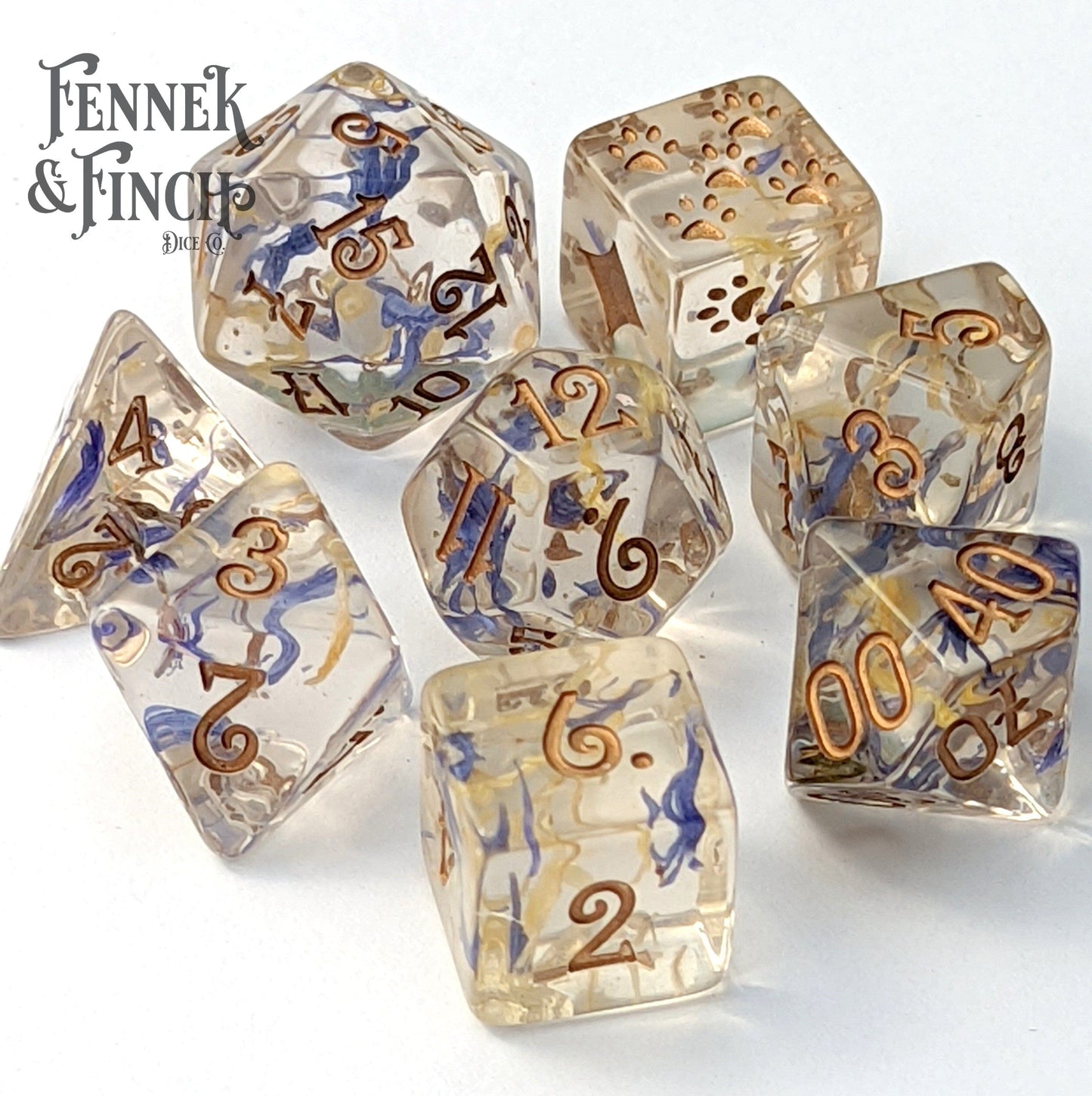 Cornflower and Calendula Flower Petal Dice Set with cat wizard design, featuring blue and yellow petals in resin, CozyGamer exclusive.