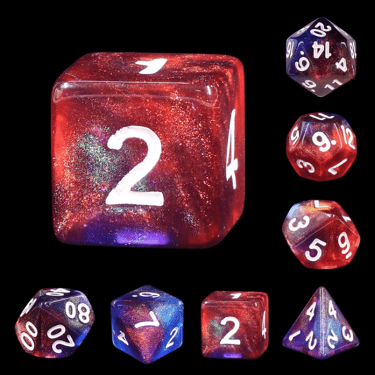 Cosmic Stars Dice Set – 7-Piece Red Purple Galaxy Glitter DnD Dice Dice Sets & Games Fennek and Finch