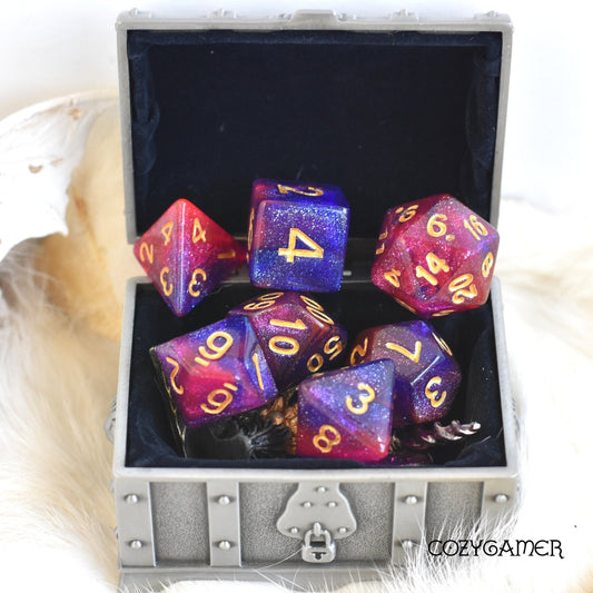 Cosmos Dice Set – 7-Piece Acrylic Clear Shimmer Glitter TTRPG Dice Dice Sets & Games Fennek and Finch