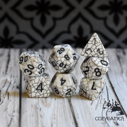 Cracked Porcelain DnD Dice Set, white and black
