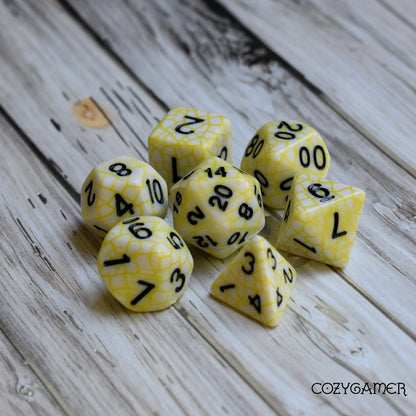 Cracked Porcelain DnD Dice Set, white and yellow