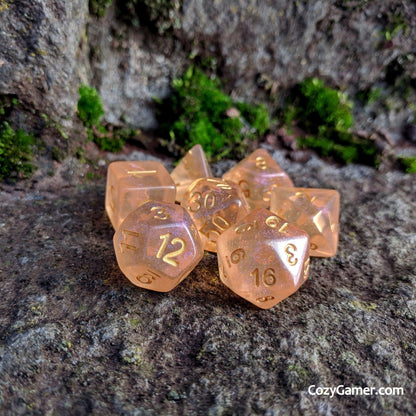 Creamsicle Sparkles Dice Set – Translucent Orange with Pink & Blue Glitter - Fennek and Finch