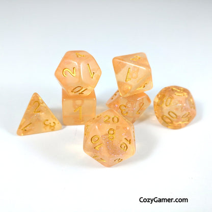 Creamsicle Sparkles Dice Set – Translucent Orange with Pink & Blue Glitter - Fennek and Finch