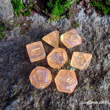 Creamsicle Sparkles Dice Set – Translucent Orange with Pink & Blue Glitter - Fennek and Finch