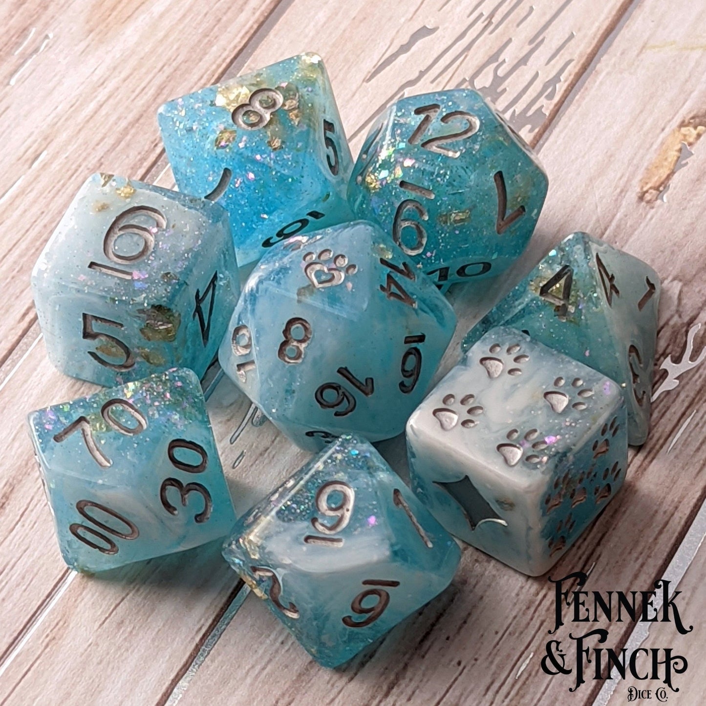 Cresting Wave 8 Piece Dice Set – Clear Blue White Marble Glitter Foil Cat Wizard - Fennek and Finch
