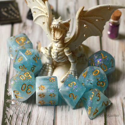 Cresting Wave 8 Piece Dice Set – Clear Blue White Marble Glitter Foil Cat Wizard - Fennek and Finch