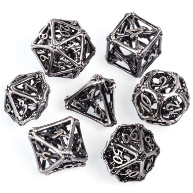 Cross Bones Hollow Metal Dice Set for tabletop RPGs, featuring a unique skeletal design with numbers on each face.