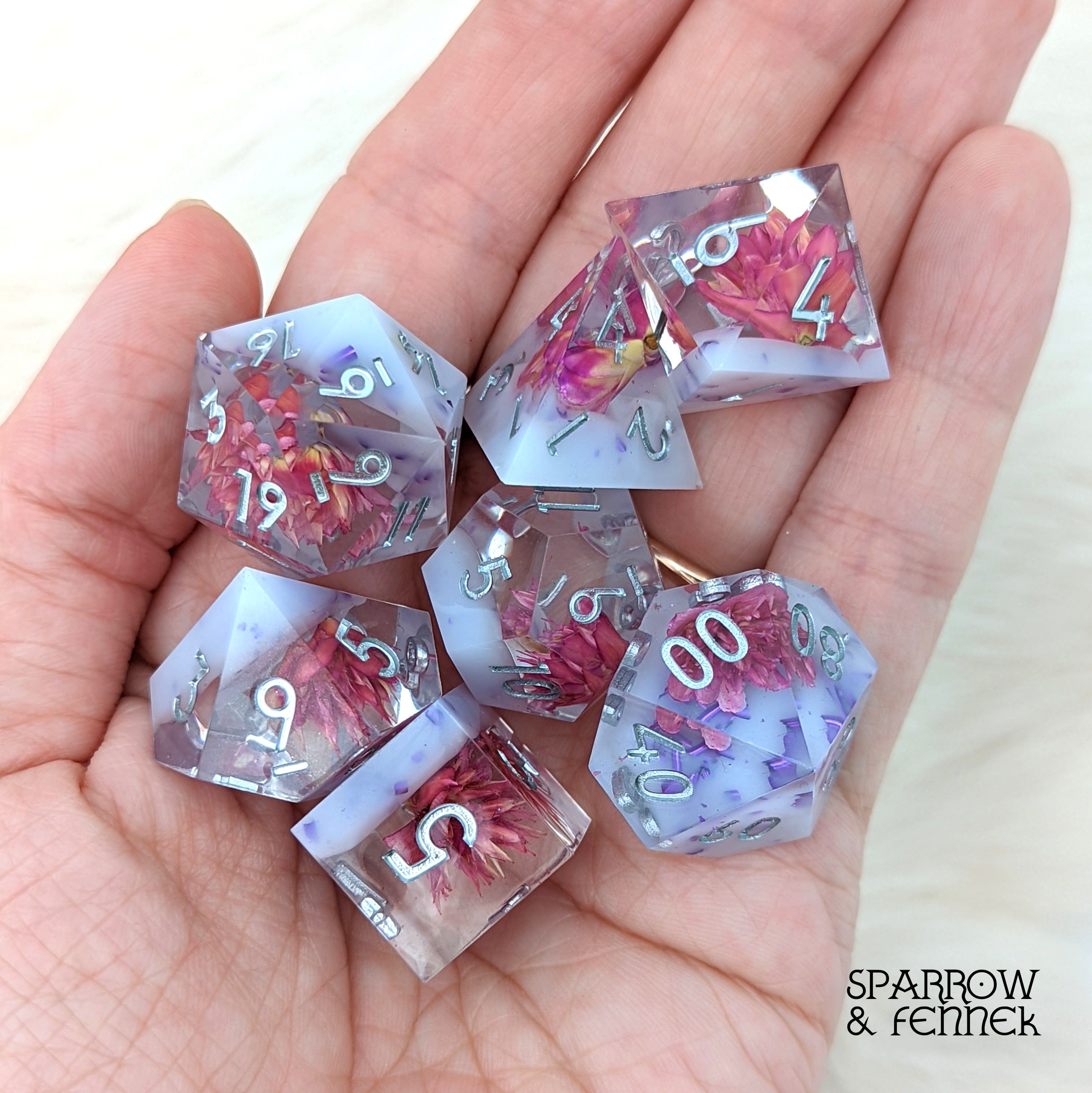 Ectoplasm- Handmade 7 piece handmade sharp edge dice 2024 set +crystal D4