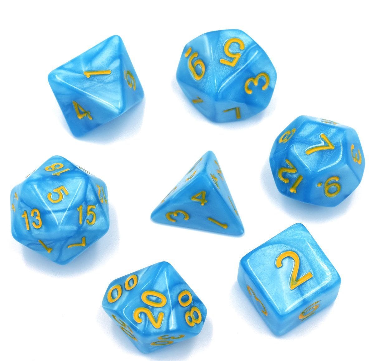 Crystal Blue Lake Dice Set. Pearly blue DnD dice set - CozyGamer