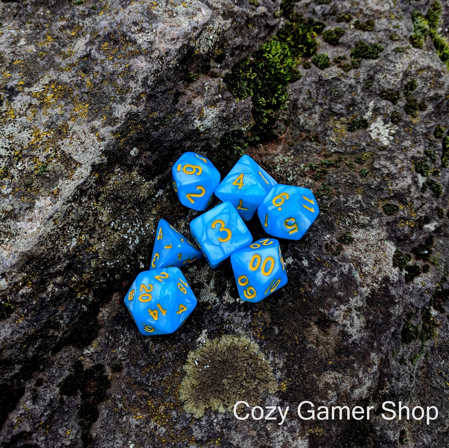 Crystal Blue Lake Dice Set. Pearly blue DnD dice set - CozyGamer