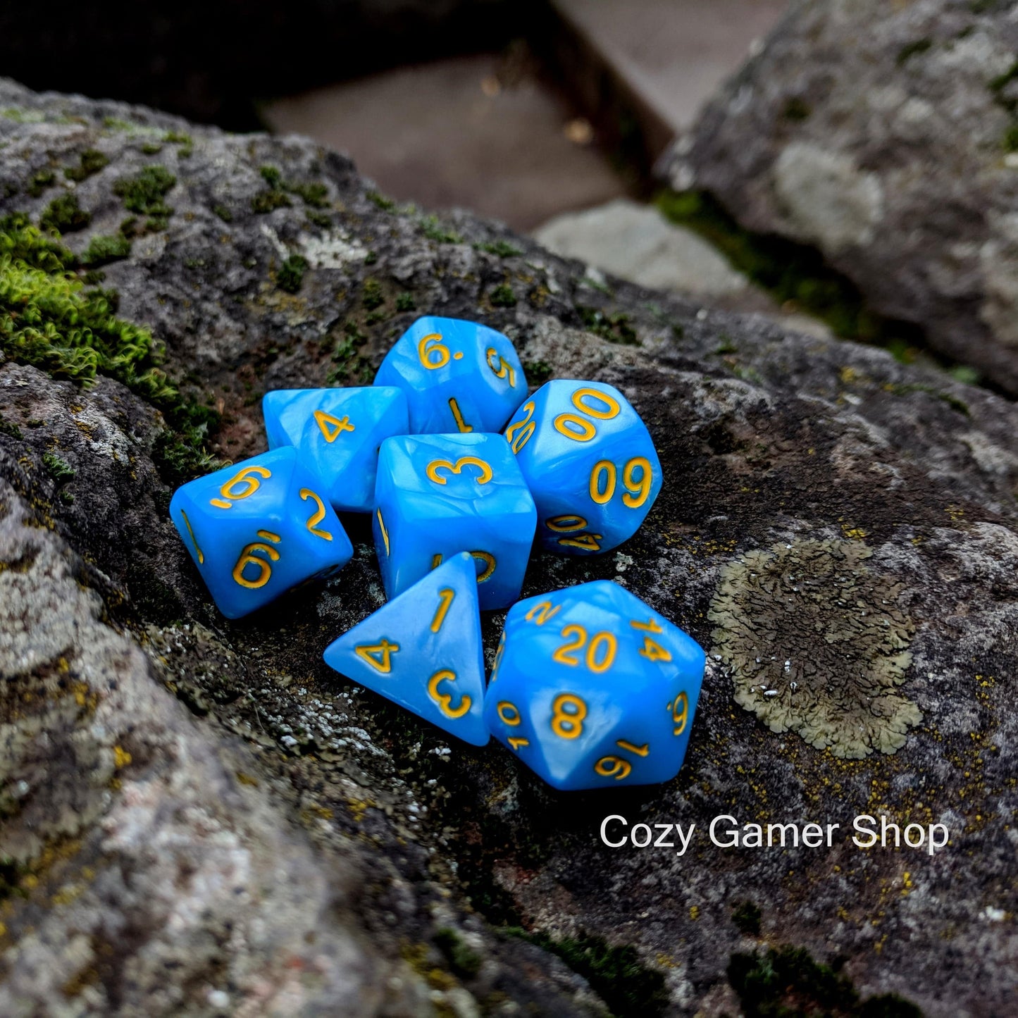 Crystal Blue Lake Dice Set. Pearly blue DnD dice set - CozyGamer