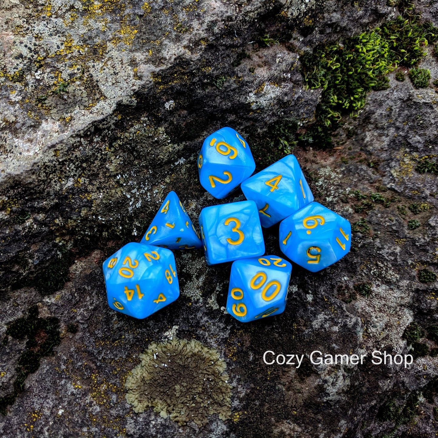 Crystal Blue Lake Dice Set. Pearly blue DnD dice set - CozyGamer