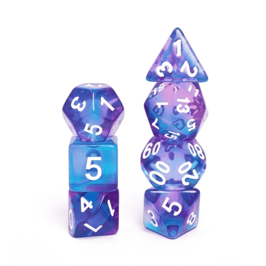 Crystal Dream Dice Set – 7 - Piece Marbled Purple Blue DnD Dice - Fennek and Finch