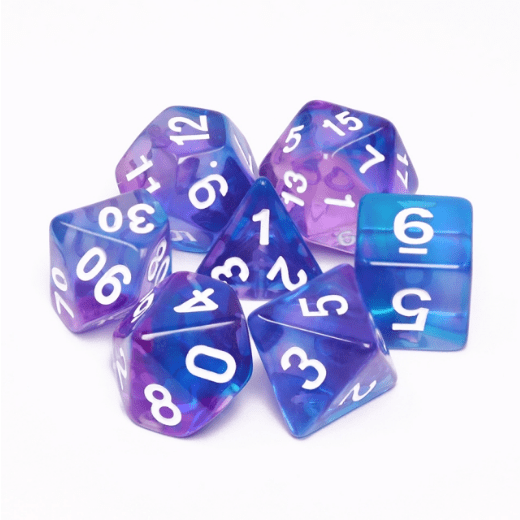 Crystal Dream Dice Set – 7 - Piece Marbled Purple Blue DnD Dice - Fennek and Finch