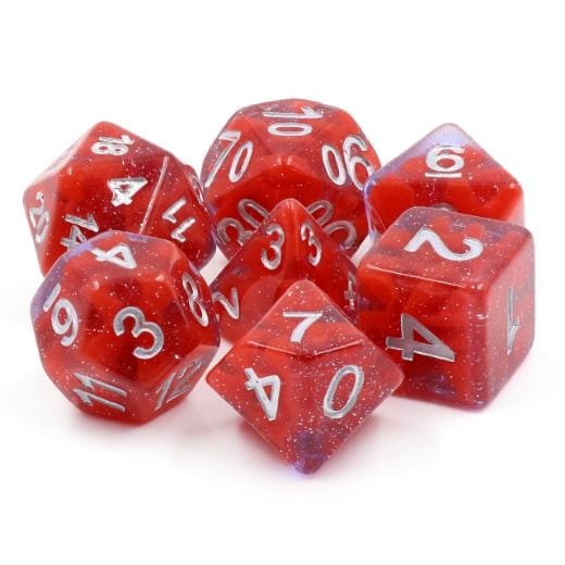 Crystal Rose Dice Set – Clear Blue Resin with Red Ink & Glitter - Fennek and Finch