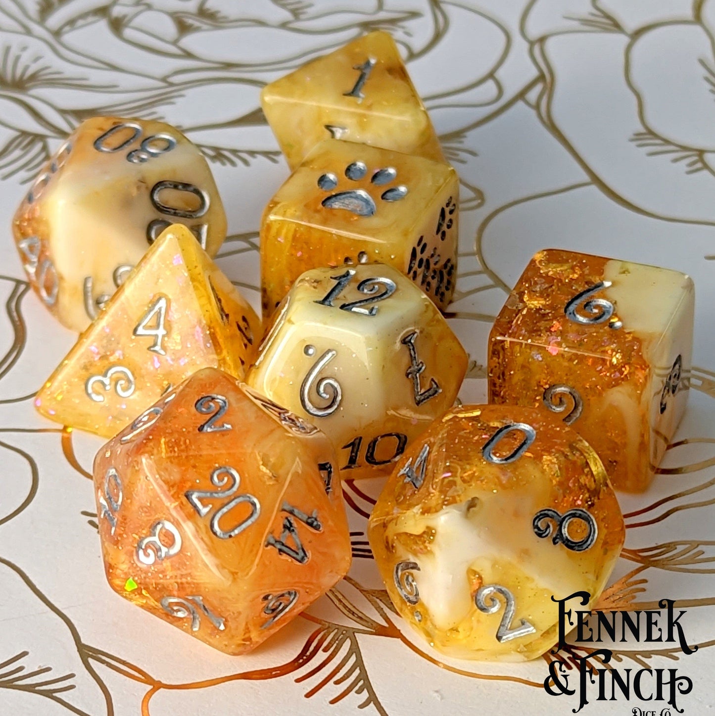Crystallized Honey 8 Piece Dice Set. Clear Orange and White Marble, with Glitter and Foil
