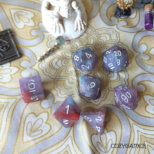 Culling Galaxy Dice Set – 7 - Piece Blue Red Resin DnD Dice - Fennek and Finch