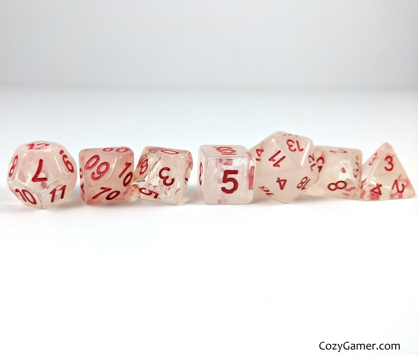Cursed Dice Set – Clear Acrylic with White Clouds & Red Numbers Dice sets Fennek and Finch