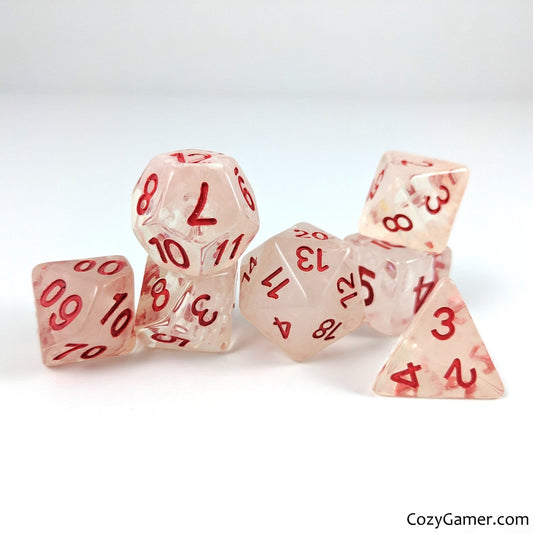Cursed Dice Set – Clear Acrylic with White Clouds & Red Numbers - Fennek and Finch
