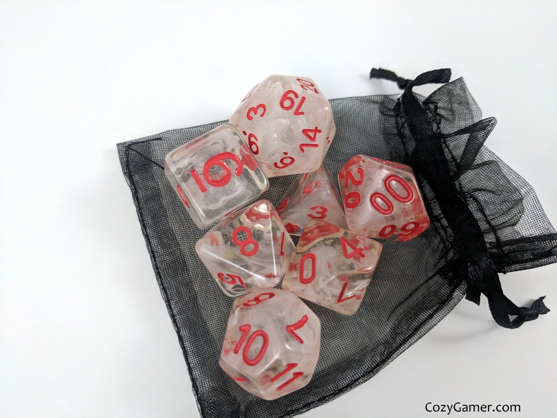 Cursed Dice Set – Clear Acrylic with White Clouds & Red Numbers Dice sets Fennek and Finch