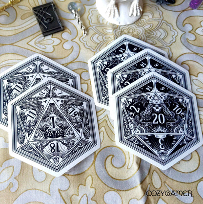 D20 DND Dice Stickers – 3" x 2.6" Life Death Critical Success Fail Vinyl - Fennek and Finch