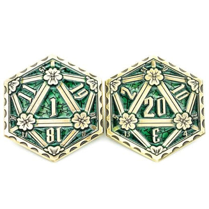 D20 emerald metal coin with green enamel, ancient hexagon design, 2 sided die, zinc alloy, 50mm size